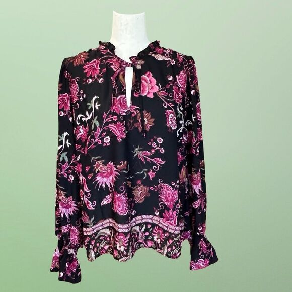 I.N.C. Long Sleeve Sheer Floral Blouse Black/Cranberry Size XL - Picture 8 of 10